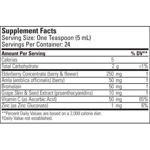 Childlife Aller-Care Natural Grape Flavor supplement label showing serving size, 24 servings, and key ingredients like elderberry and vitamin C.