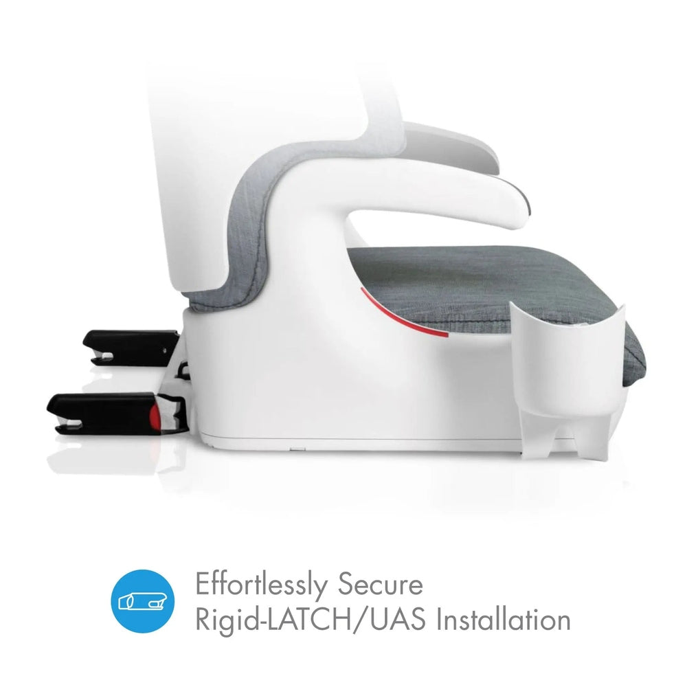 Clek Boost Seat Oobr booster in white with gray fabric, shown with LATCH/UAS hooks securing to a car seat.