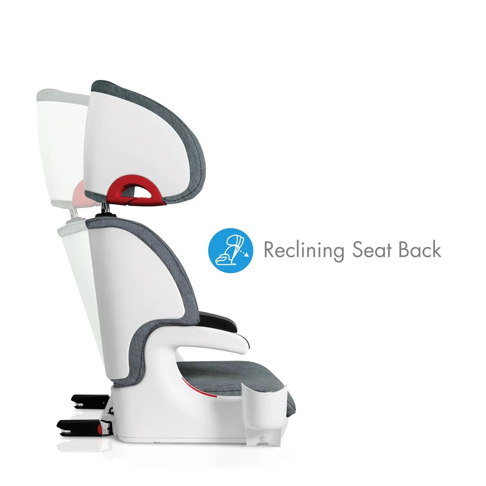 Clek Boost Seat Oobr booster car seat in white and gray, shown with reclining seat back in use.