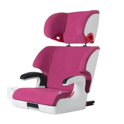 Clek Boost Seat Oobr booster in pink and white, mounted in car with headrest for a growing child.