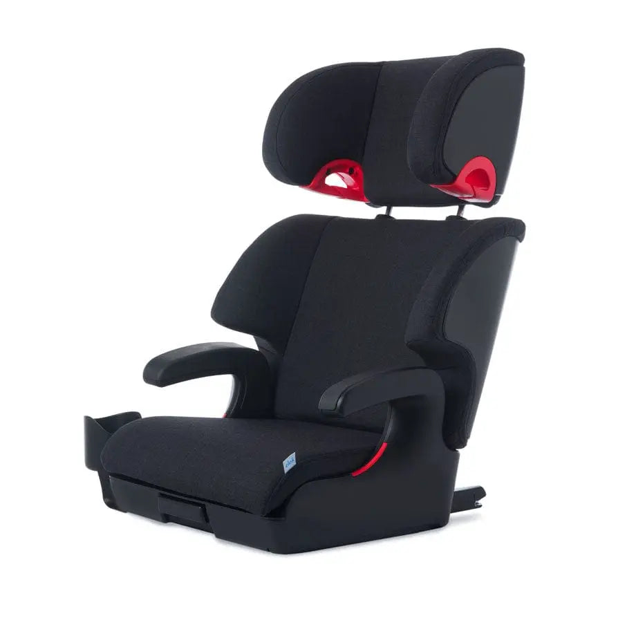 Clek Boost Seat Oobr booster car seat in black with red accents, shown with raised headrest and armrests.