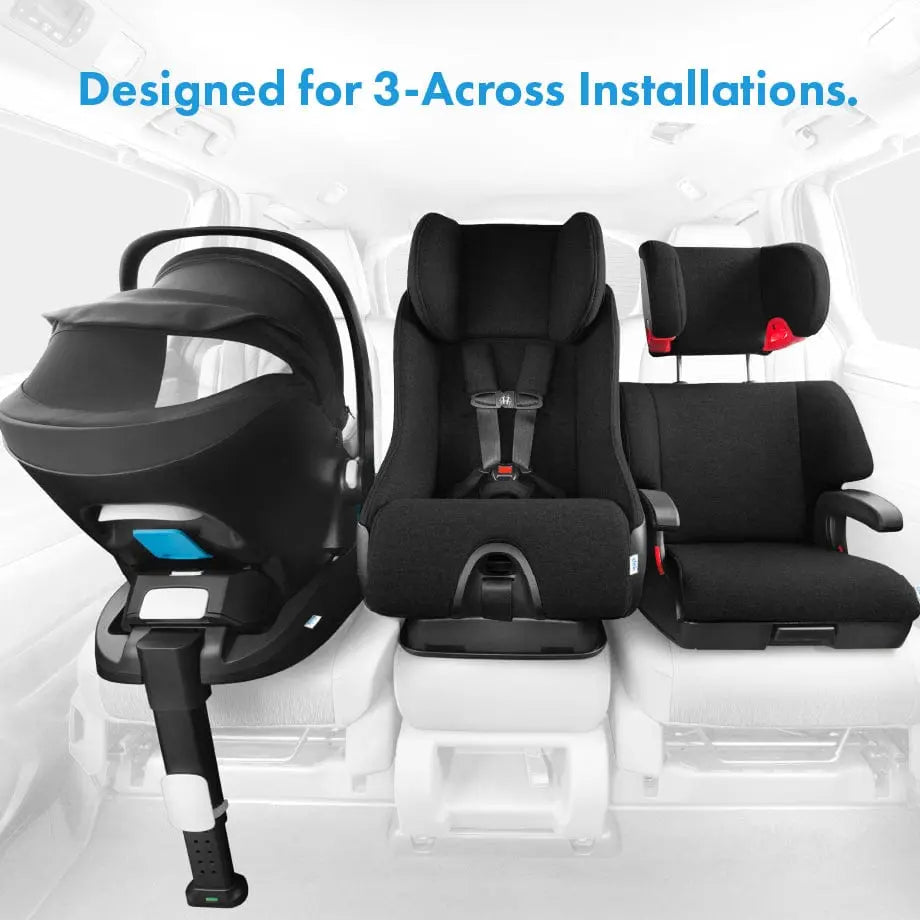 Clek Boost Seat Oobr three-across booster setup in black, with infant seat on the left and rear boosters visible.