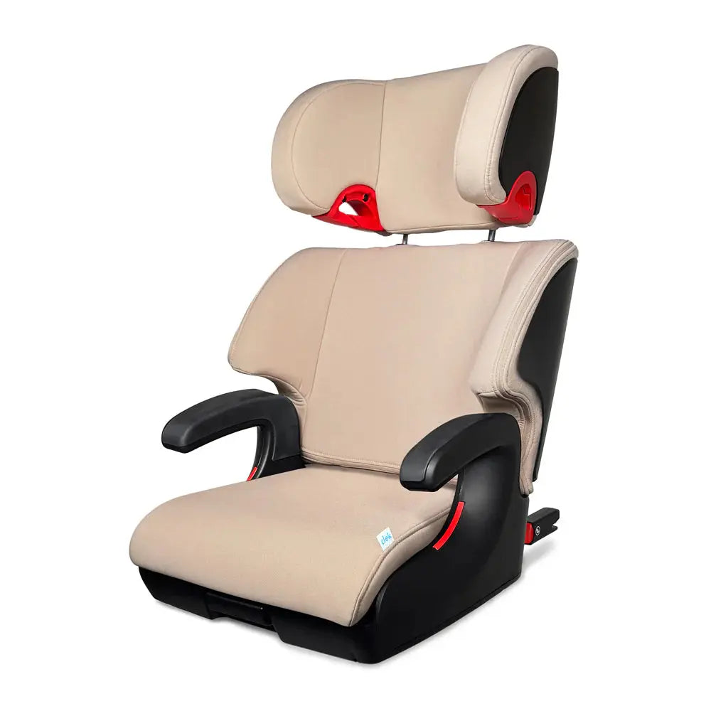 Clek Boost Seat Oobr high-back booster in beige fabric with black armrests and red adjustment latches.