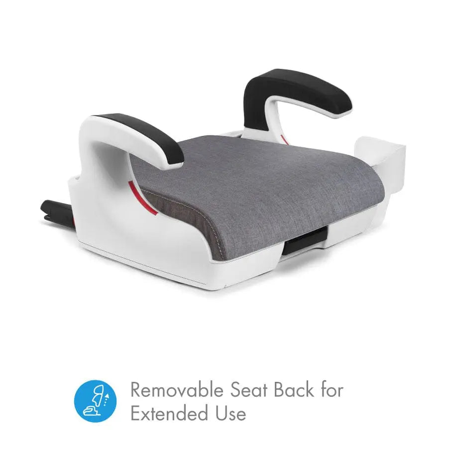 Clek Boost Seat Oobr booster in white shell with gray fabric cushion and removable seat back.
