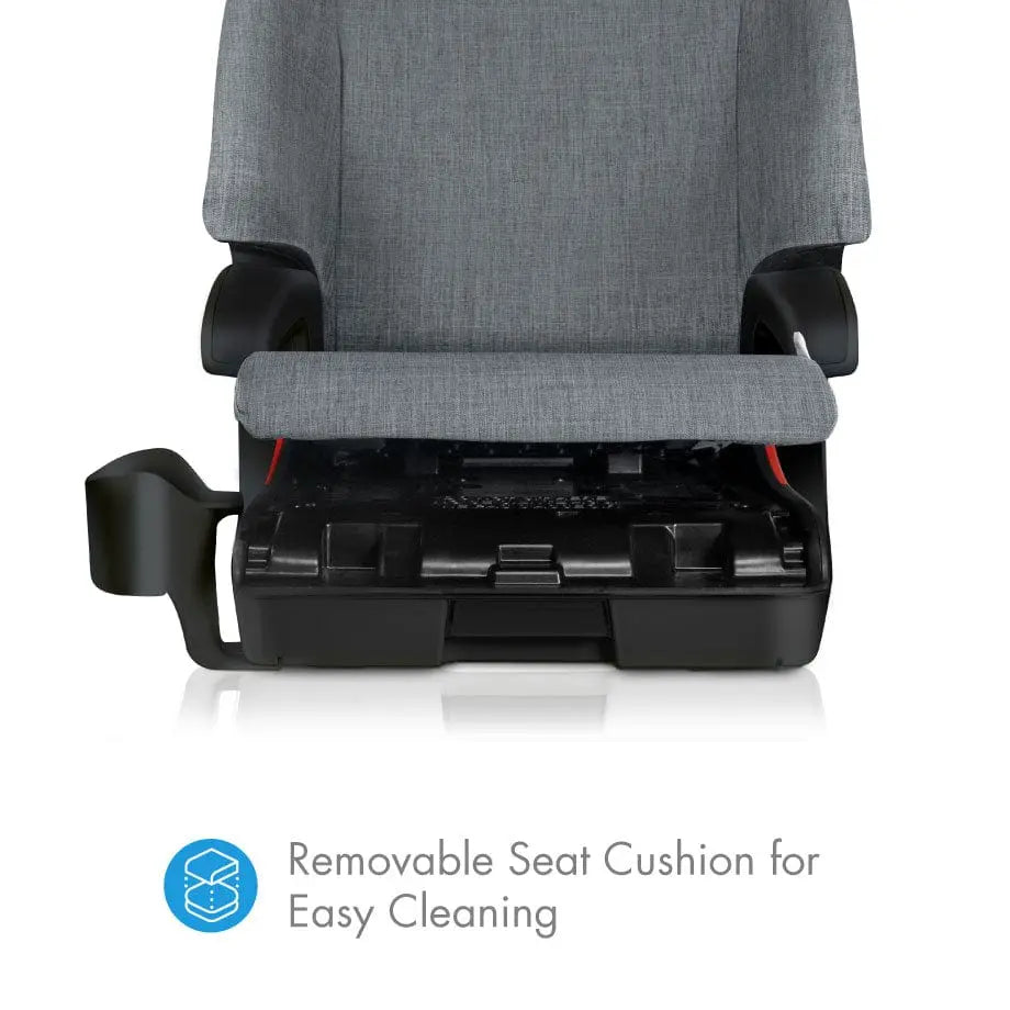 Clek Boost Seat Oobr booster in gray fabric, with removable cushion for easy cleaning.