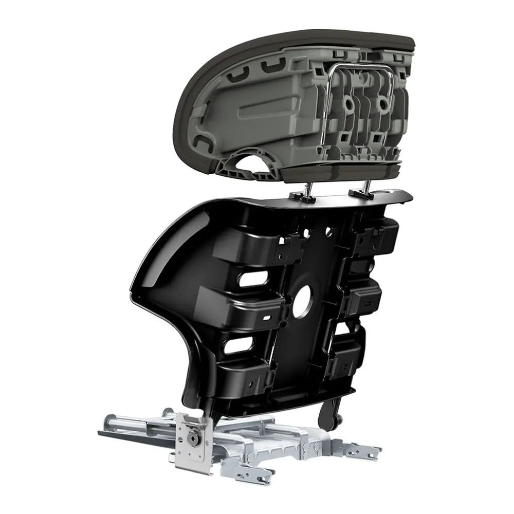 Clek Boost Seat Oobr booster seat in black with gray inner shell, shown in exploded view with mounting rails.