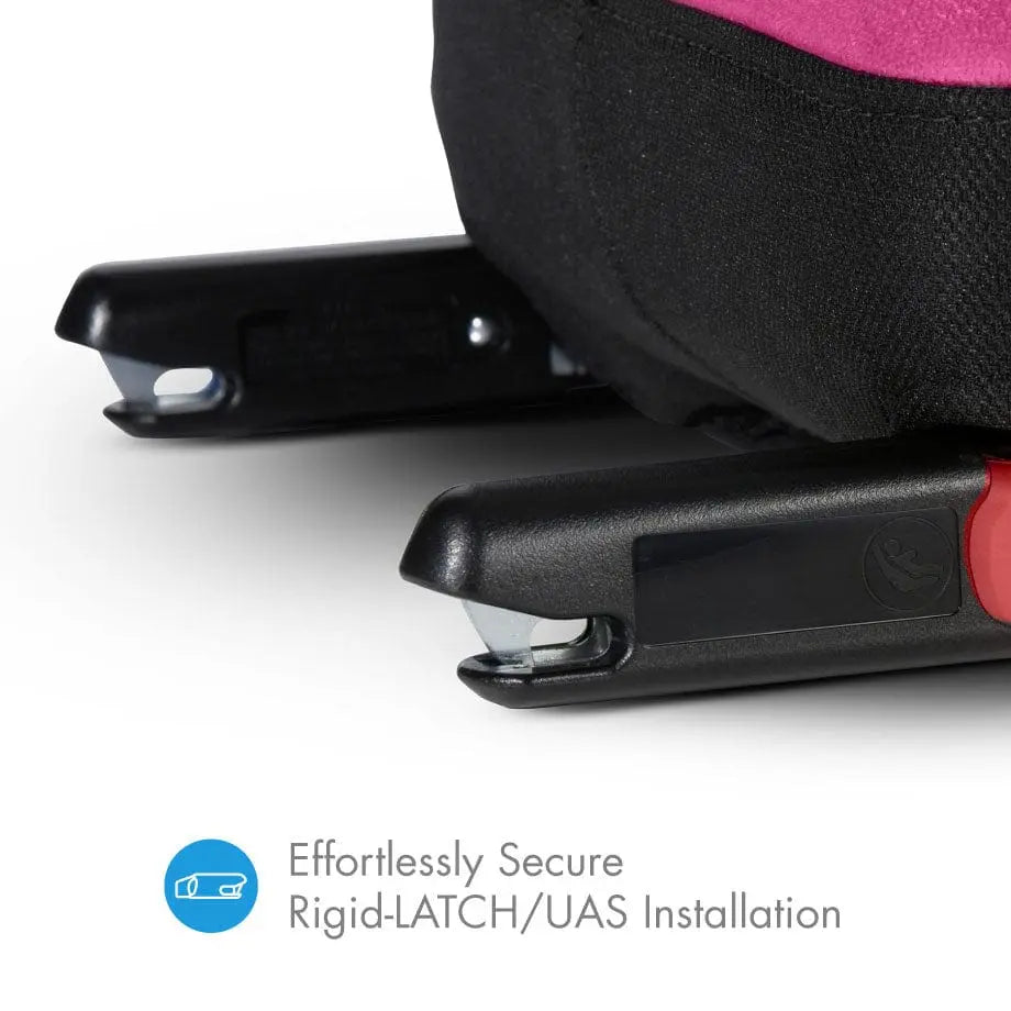 Clek Booster Seat Olli, pink and black fabric, showing rigid-LATCH/UAS installation clamps.