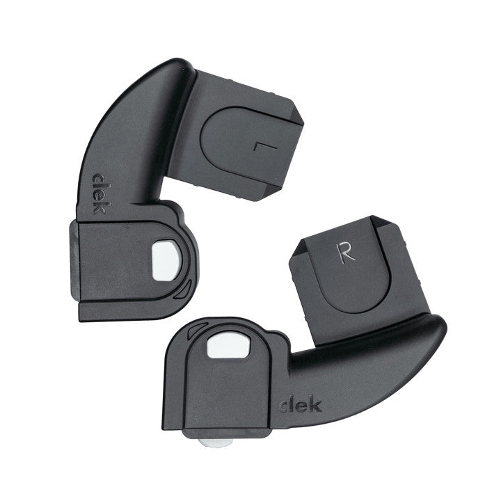 Clek car seat adapters for UPPAbaby, pair of black L and R connectors with CLEK logo