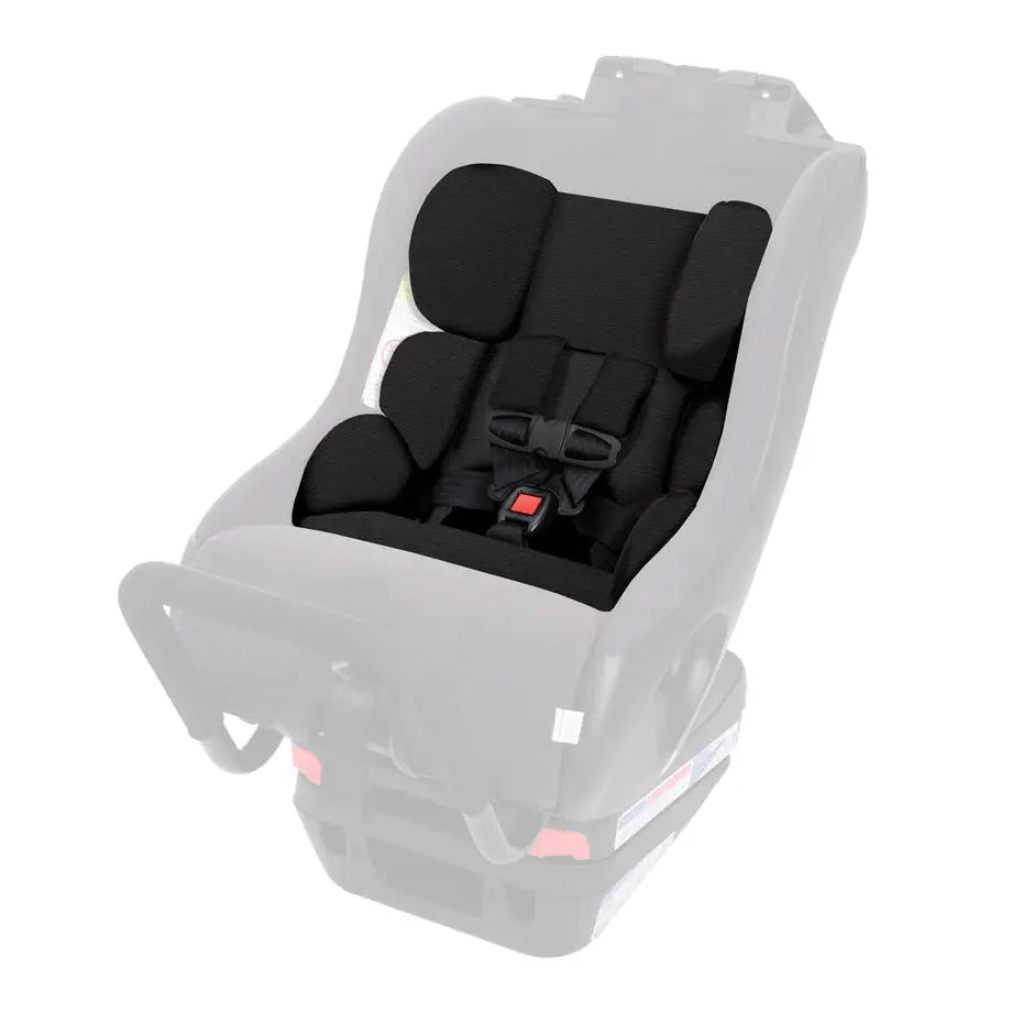 Clek Car Seat Infant-Thingy insert in black padding with a buckled five-point harness.