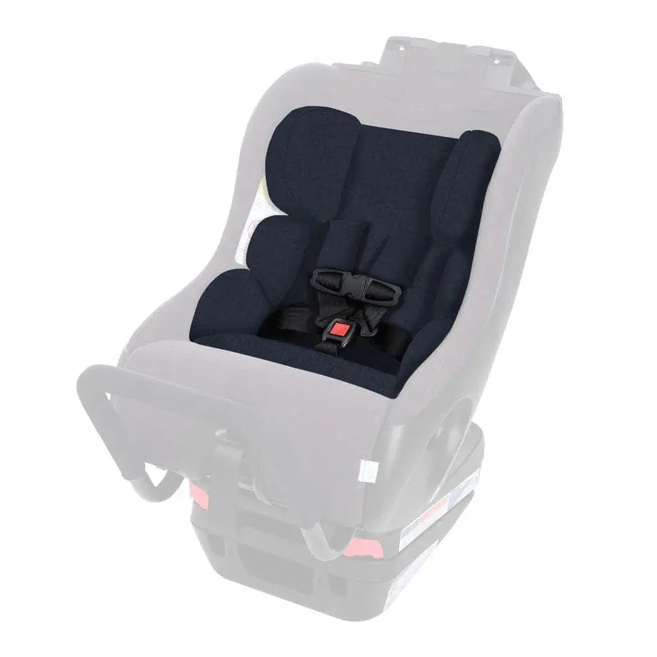 Clek Car Seat Infant-Thingy in white shell with navy padding; 5-point harness clipped at the red buckle.