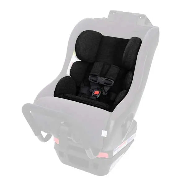 Clek Car Seat Infant-Thingy in white base with black padded insert; five-point harness fastened with red buckle.