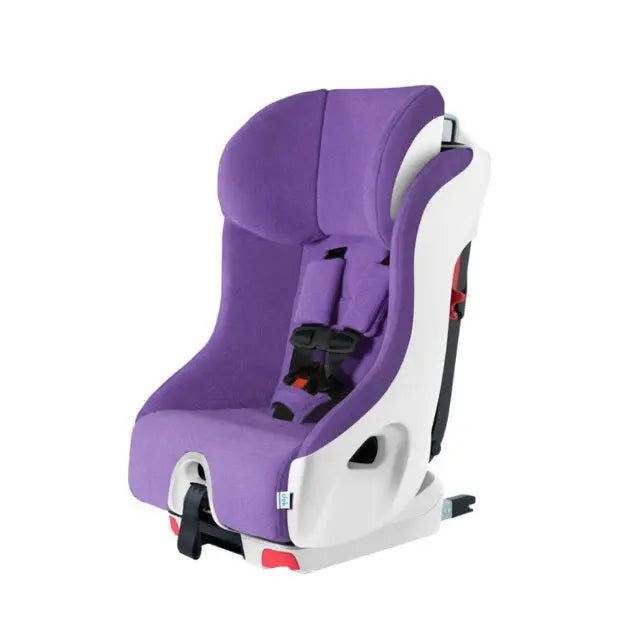 Clek Foonf convertible car seat in purple with white shell, shown with a 5-point harness secured.