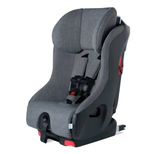 Clek Foonf Convertible Car Seat in gray fabric, upright with secured 5-point harness.