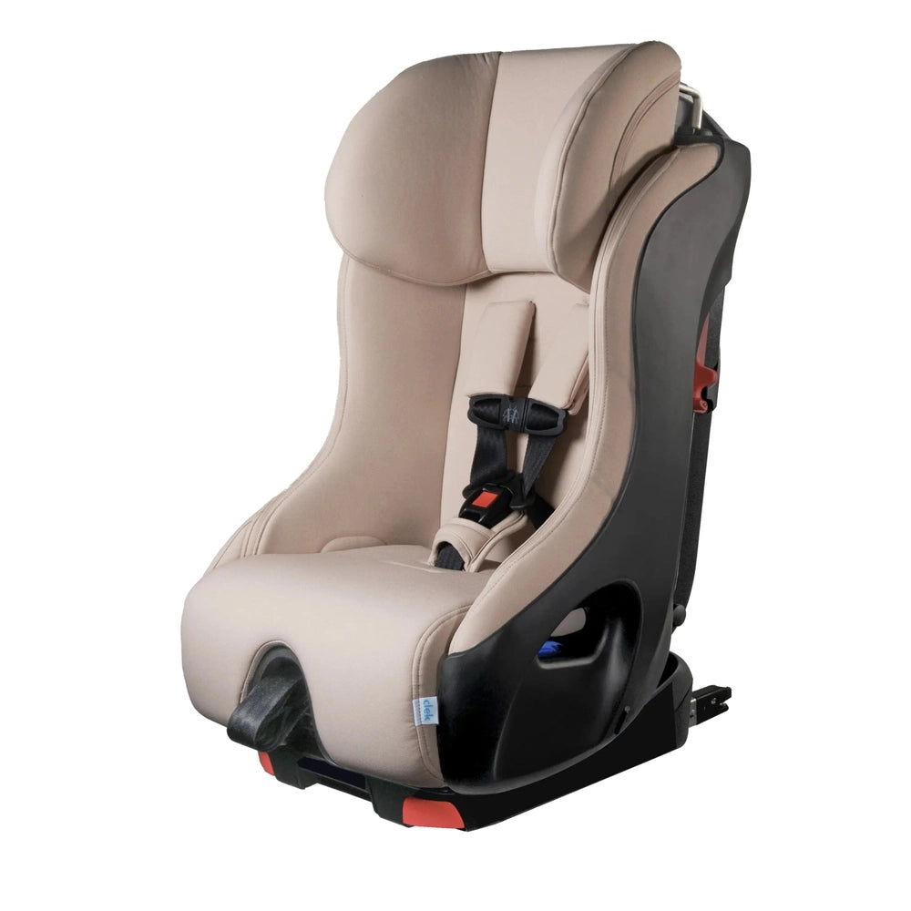 Clek Convertible Car Seat Foonf in beige fabric with black shell, showing secure 5-point harness in use.