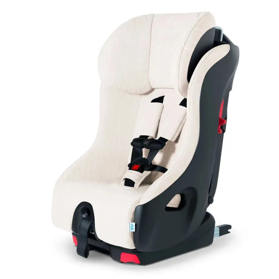 Clek Foonf convertible car seat in beige fabric with black shell, harness buckled to show secure five-point restraint.
