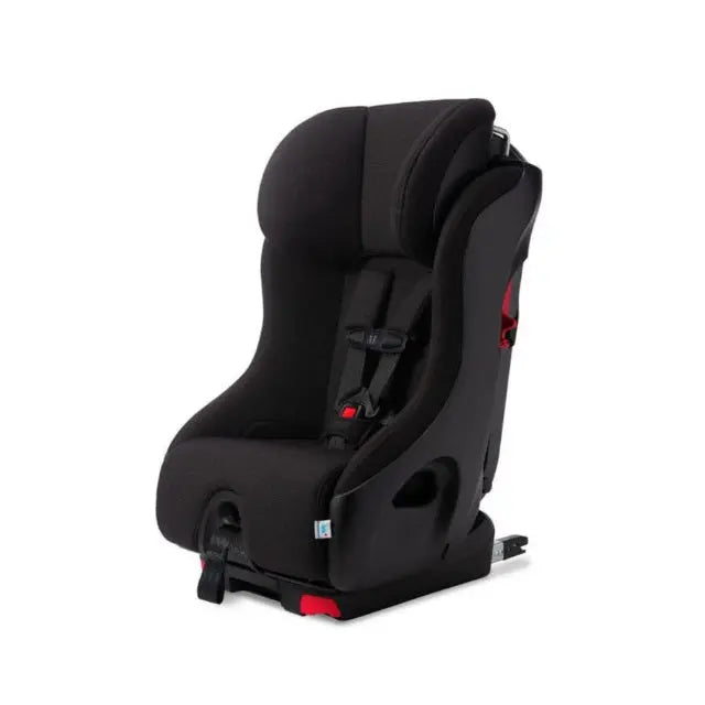Clek Foonf convertible car seat in black fabric with buckled five-point harness, ready for installation.