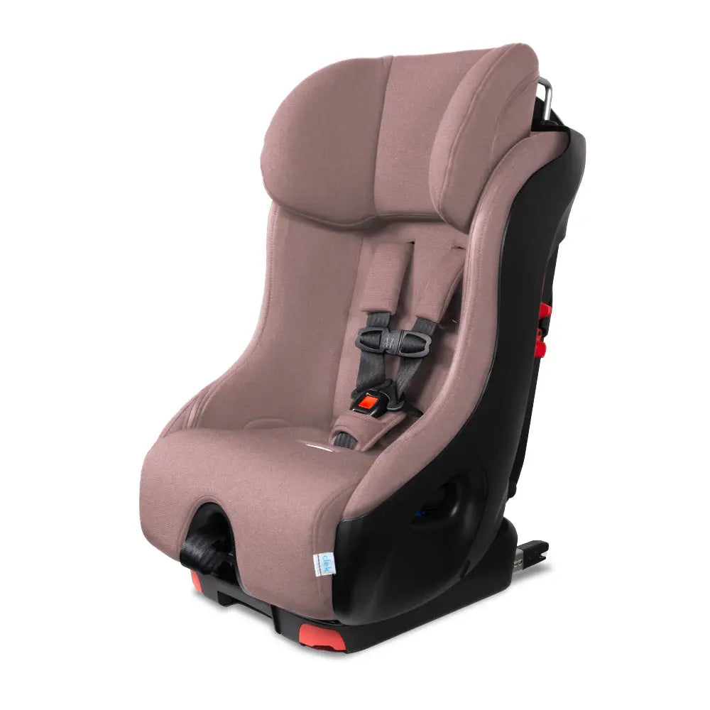 Clek Convertible Car Seat Foonf in taupe fabric with five-point harness secured in a black shell.