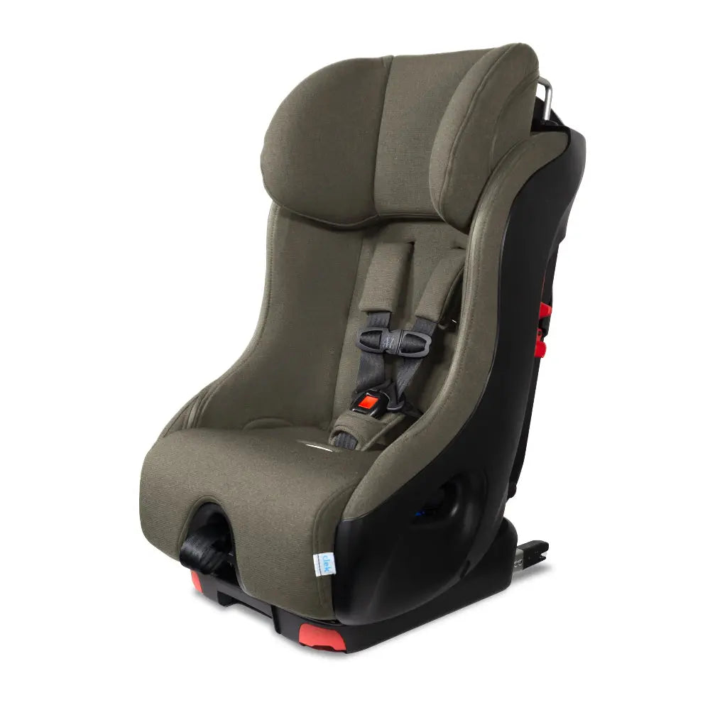 Clek Foonf convertible car seat in olive fabric, featuring a visible five-point harness secured for a child.