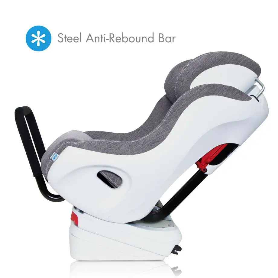 Clek Foonf convertible car seat in white and gray fabric, mounted on base with steel anti-rebound bar visible.