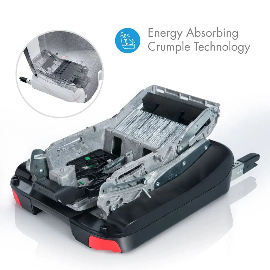 Clek Foonf Convertible Car Seat base in black with metal frame and red accents, demonstrating energy absorbing crumple technology.