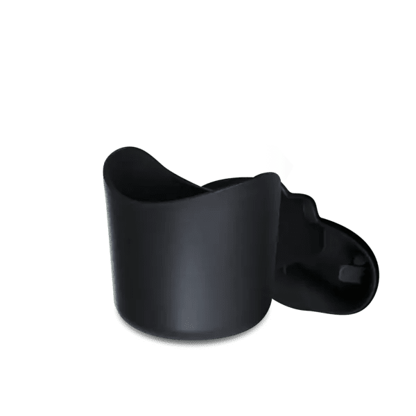 Clek Drink-Thingy cup holder in black plastic attached to a Foonf/Fllo car seat edge