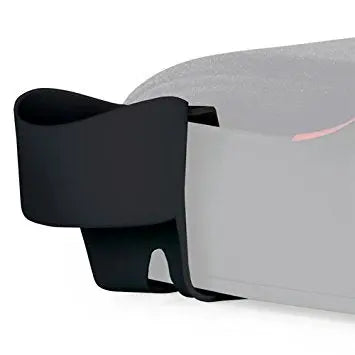 Clek Drink Thingy for Olli car seat, black, clipped to the seat side and holding a bottle.