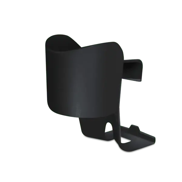 Clek Drink-Thingy cup holder for Oobr car seat, black, grips a cup beside the seat.