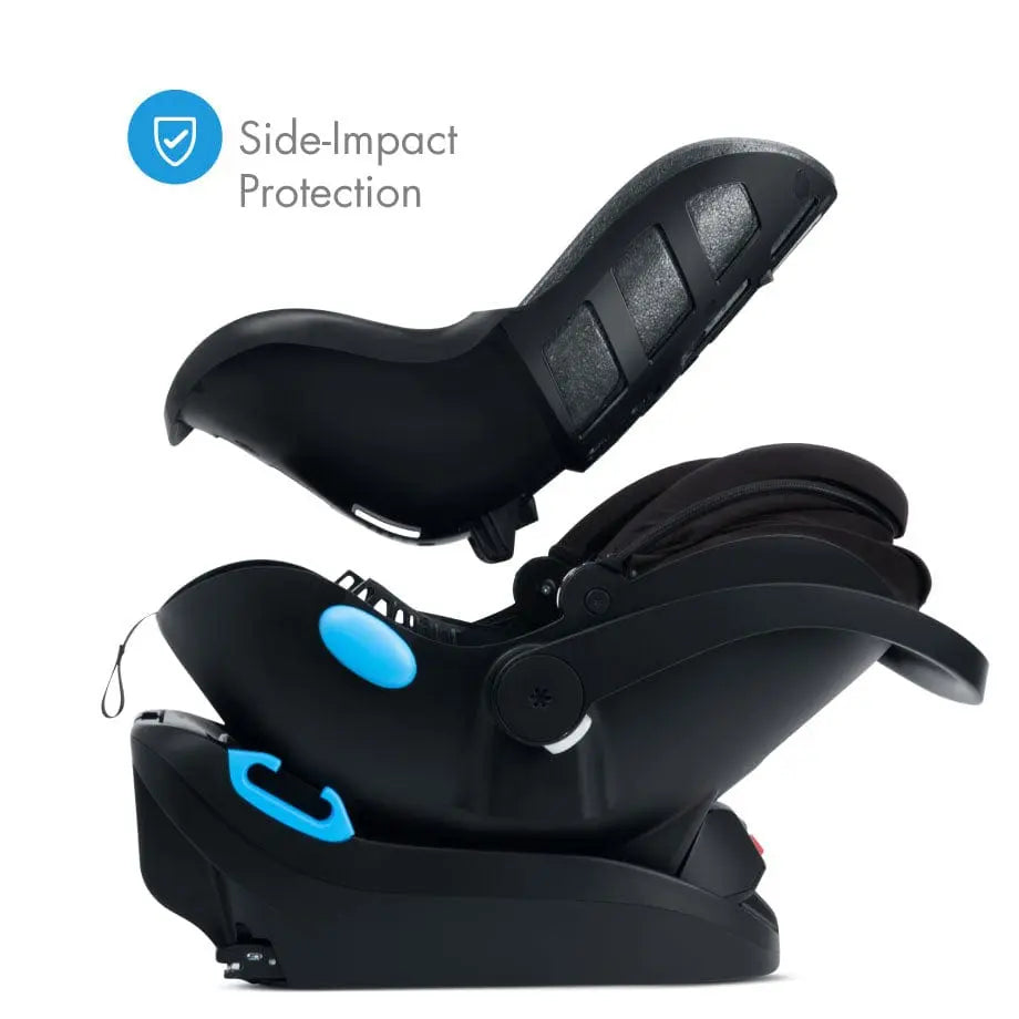 Clek Liing infant car seat with base in black, showing side‑impact protection panels and blue adjustment knob.