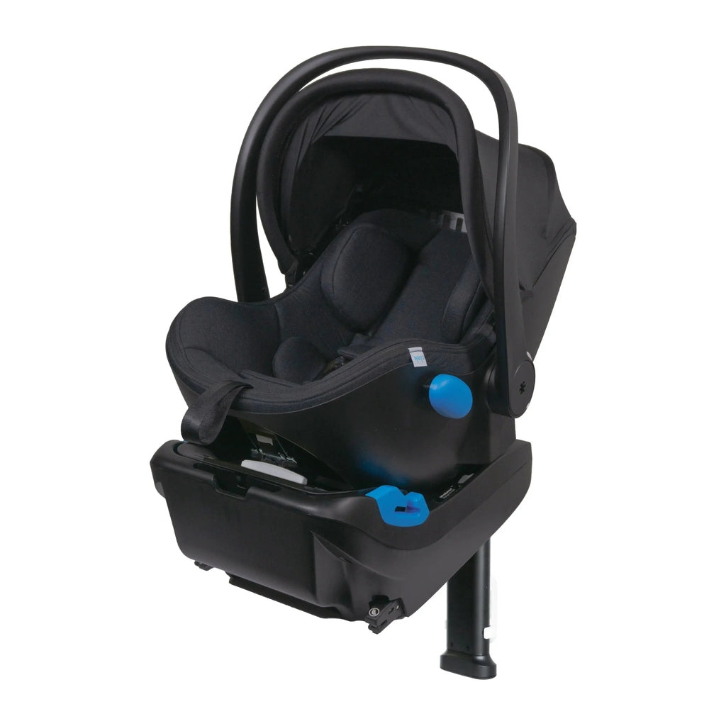 Clek Infant Car Seat Liing in black, shown on its base with carry handle and blue adjustment knob.