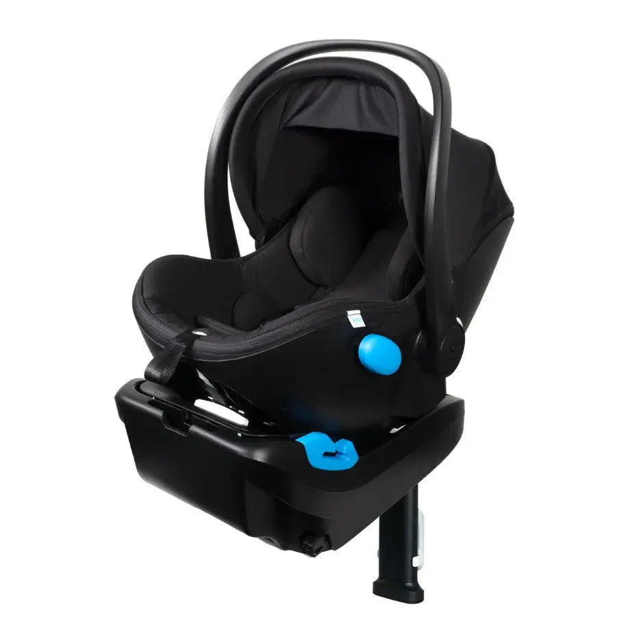 Clek Liing infant car seat in black with base and extended support leg for secure installation.