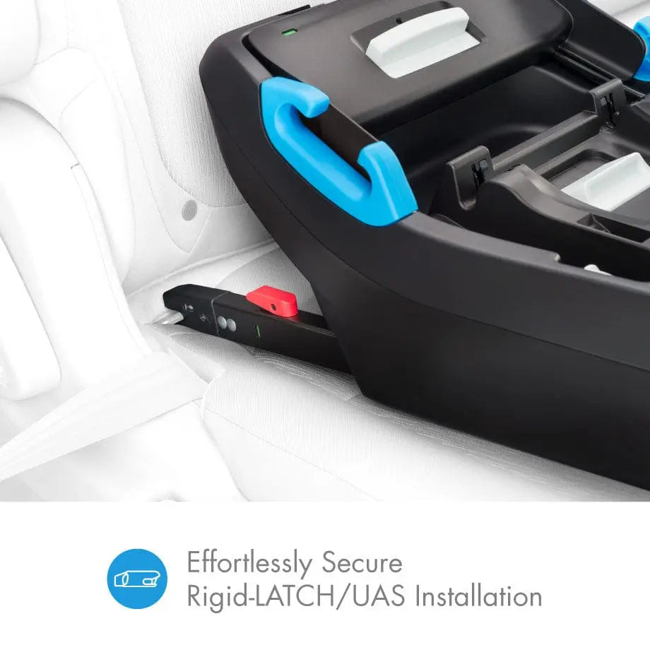 Clek Liing infant car seat base with blue handles and red latch, showing Rigid-LATCH/UAS installation.