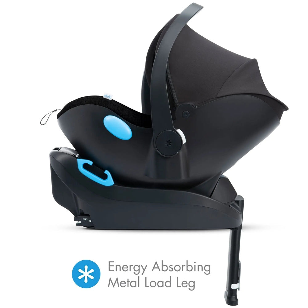 Clek Liing infant car seat in black with blue accents, base installed and load leg extended.