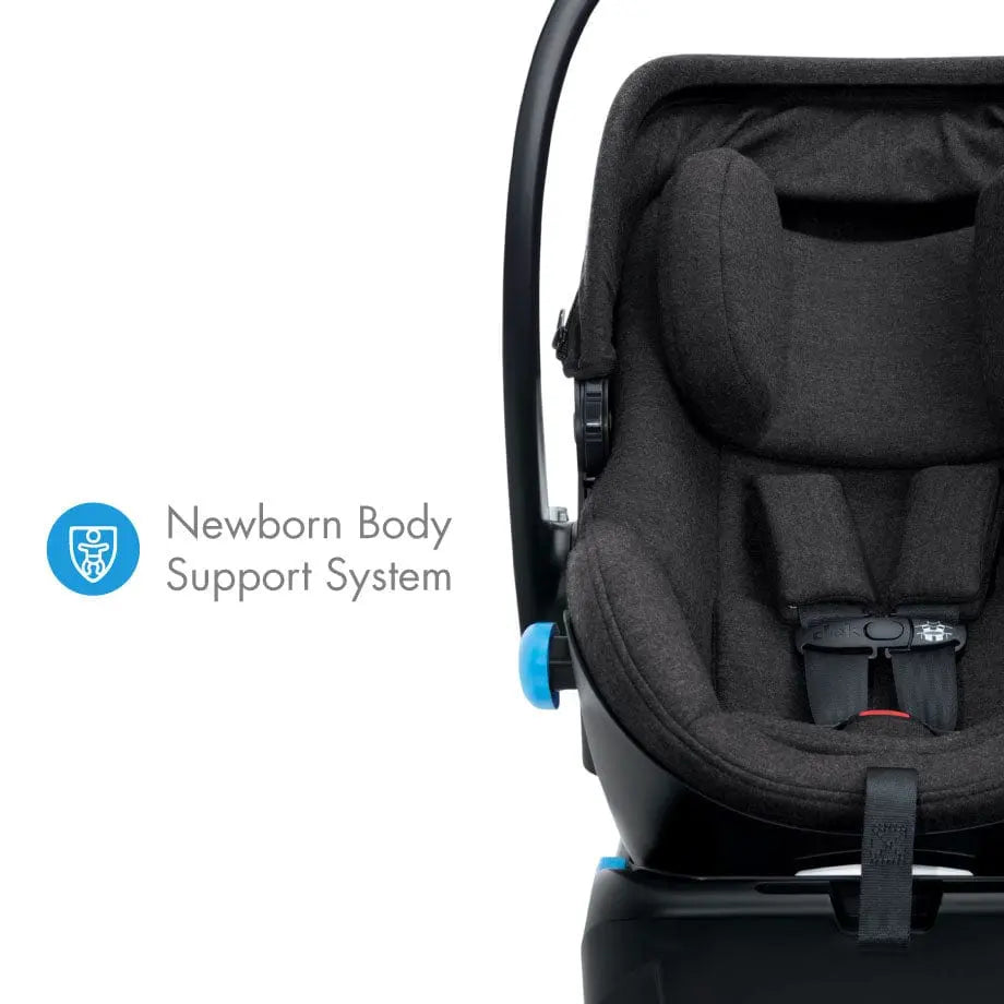 Clek Liing infant car seat in black with Newborn Body Support System logo, plush insert supporting newborns