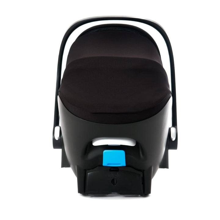 Clek Liingo Railroad infant car seat in black with blue LATCH connector