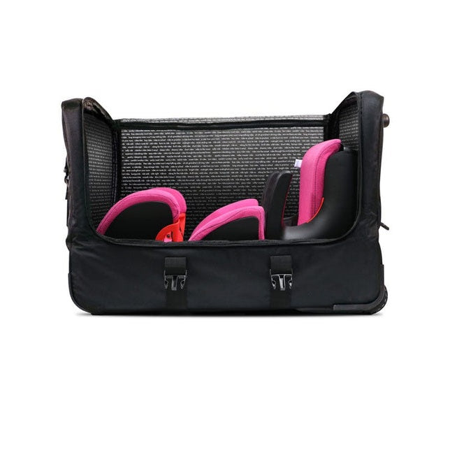 Clek Weelee car seat travel bag; black exterior with pink interior padding and straps