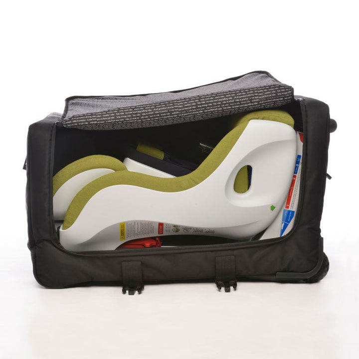Clek Weelee car seat travel bag in black with white interior, containing a white and green infant car seat
