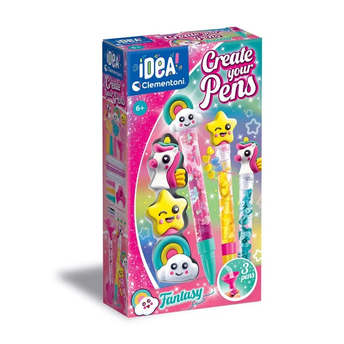 Clementoni Create Your Pens Fantasy: three pastel pens with star/unicorn toppers, shown ready to craft.