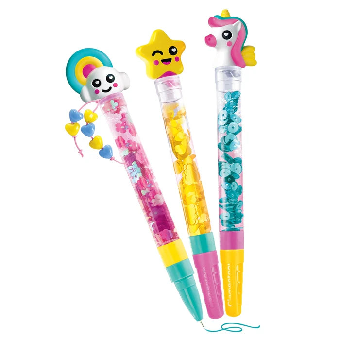 Clementoni Create Your Pens Fantasy trio of bead-filled gel pens with panda, star, and unicorn toppers, beads visible inside.