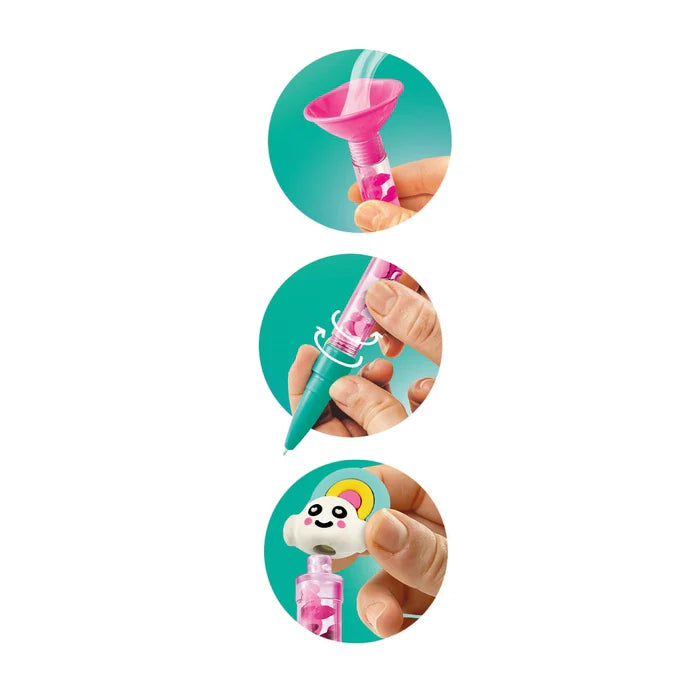 Clementoni Create Your Pens Fantasy pen set in pink barrel with teal grip; shows twist action and panda topper being attached.