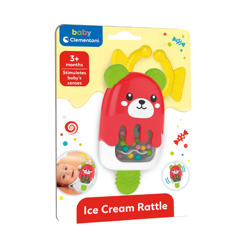 Clementoni Ice Cream Rattle for babies, red bear top, green handle, colorful beads