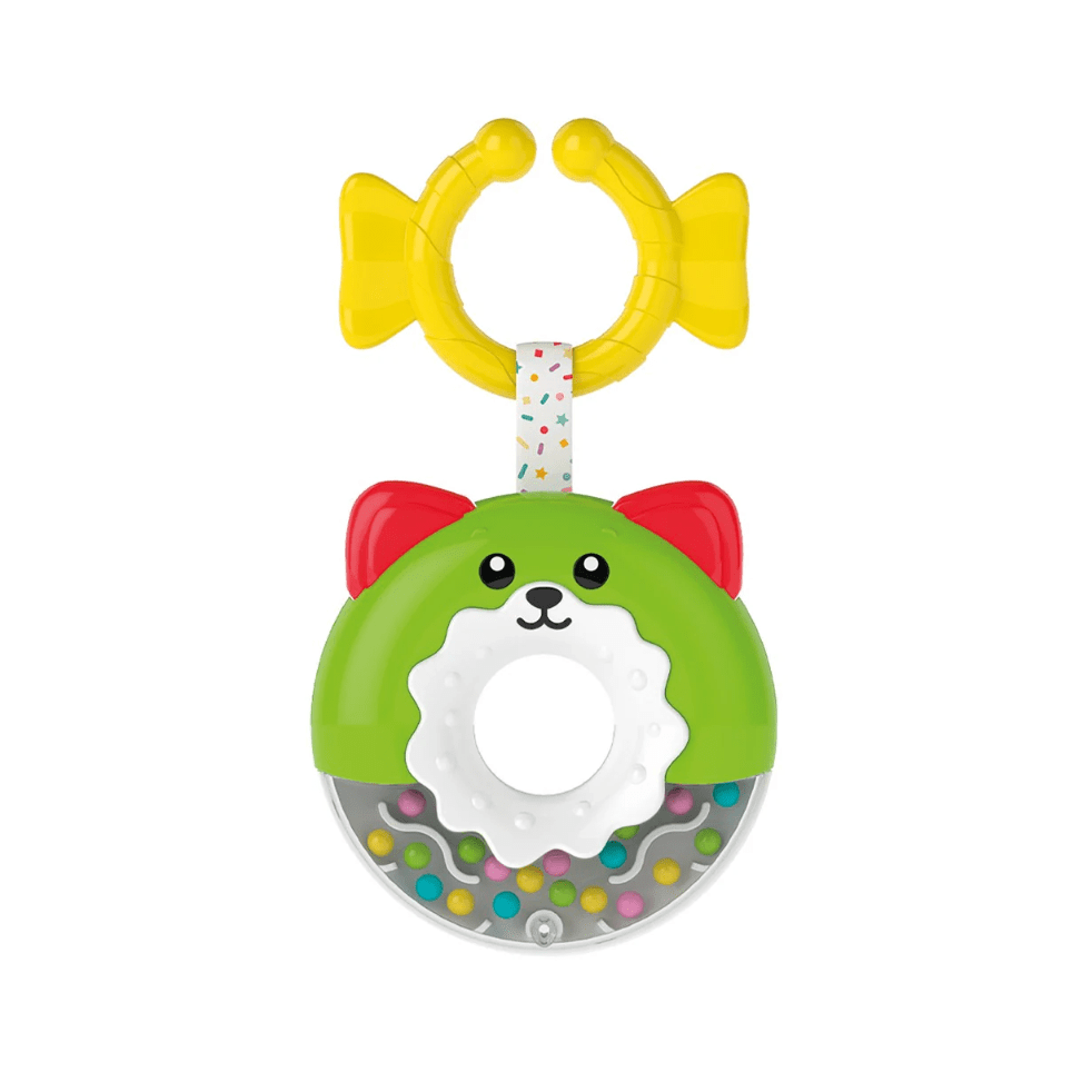 Clementoni rattle toy; green cat-themed ring, red ears, white teether, colorful bead base, yellow handle.