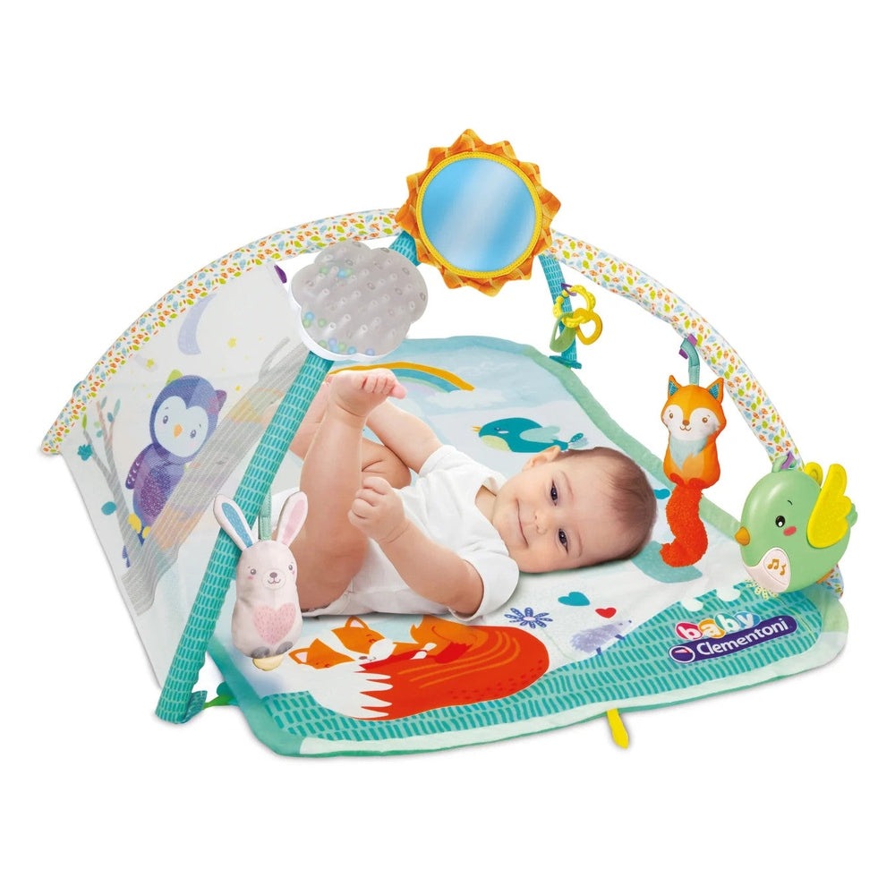 Clementoni Soft Activity Gym for babies with sun mirror, hanging plush animals, and colorful play mat