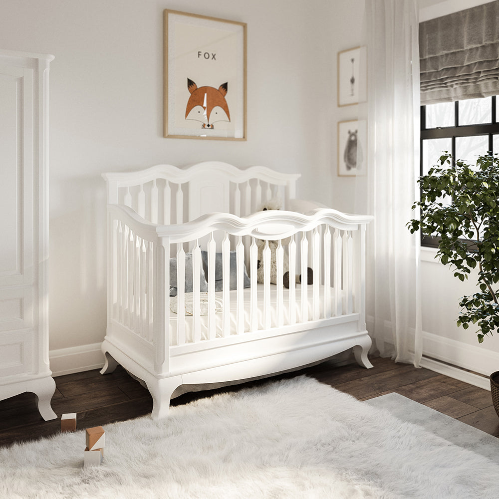 Romina Cleopatra Convertible Crib Open Back in a bright nursery, Solid White finish