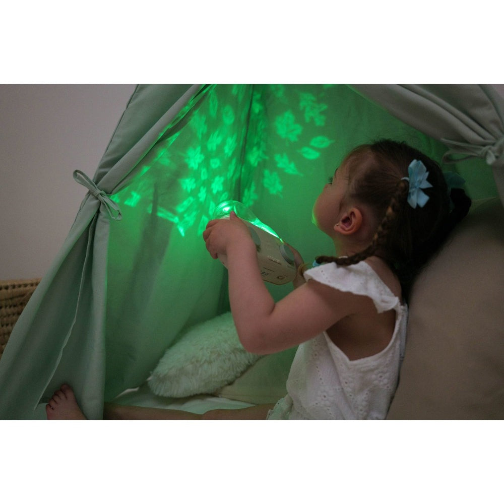 Cloud B Cloud Box Soothing Story Teller with Projections; toddler in a mint teepee watching green star projections