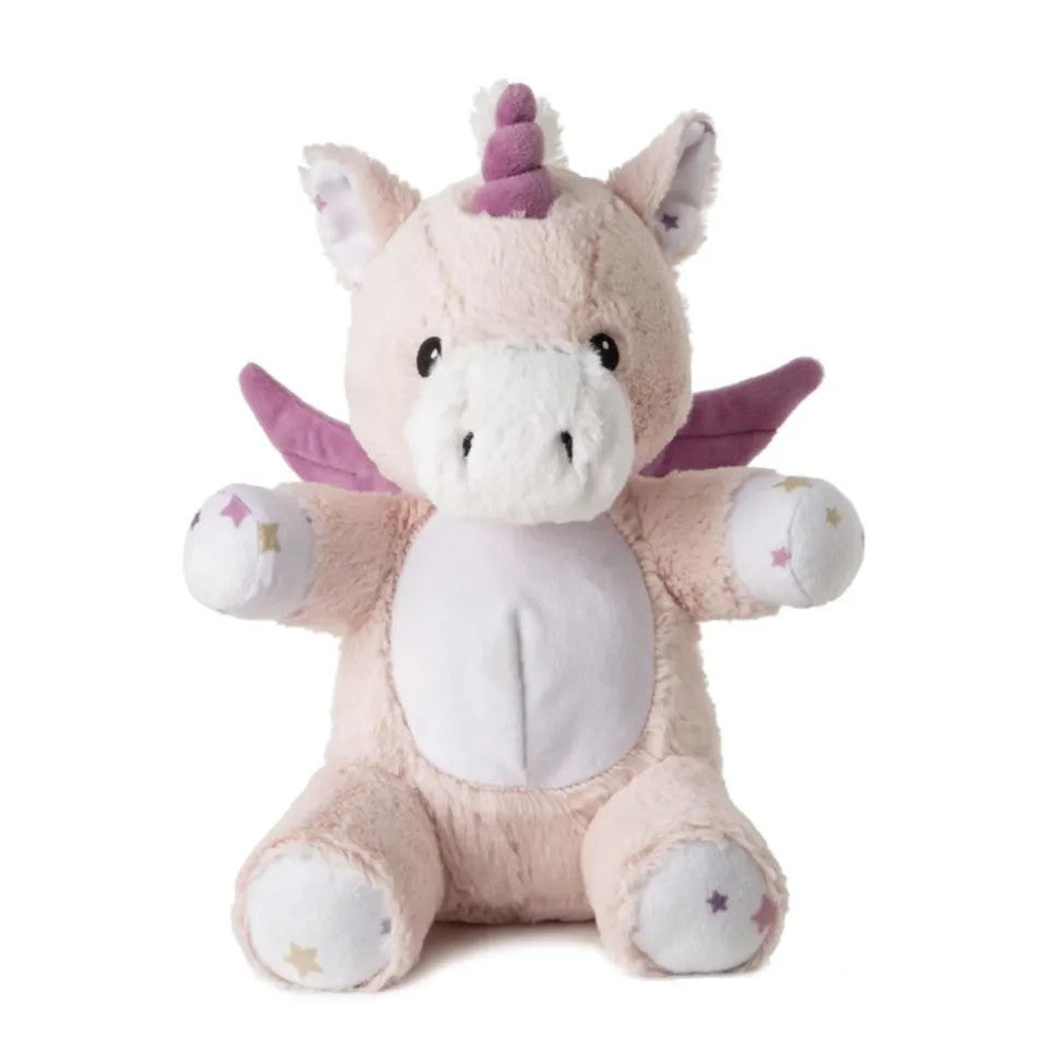 Cloud B Lily the Unicorn plush stuffed animal, soft pink fur, white belly, purple horn, starry feet