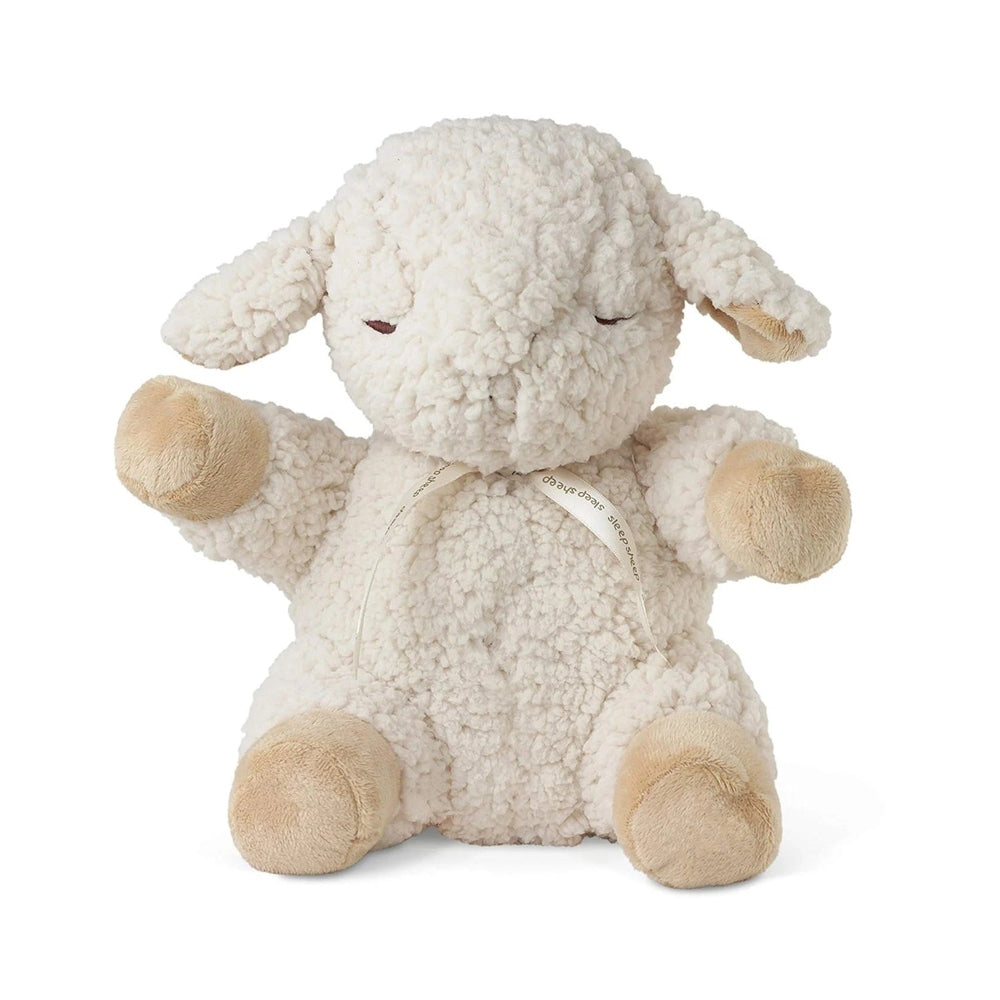 Cloud B Sleep Sheep plush toy with cream fleece, beige paws, and ribbon, built-in sound generator