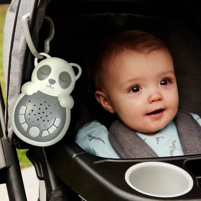 Cloud B Sweet Dreamz On the Go Panda sleeping aid clipped to stroller, gray panda design