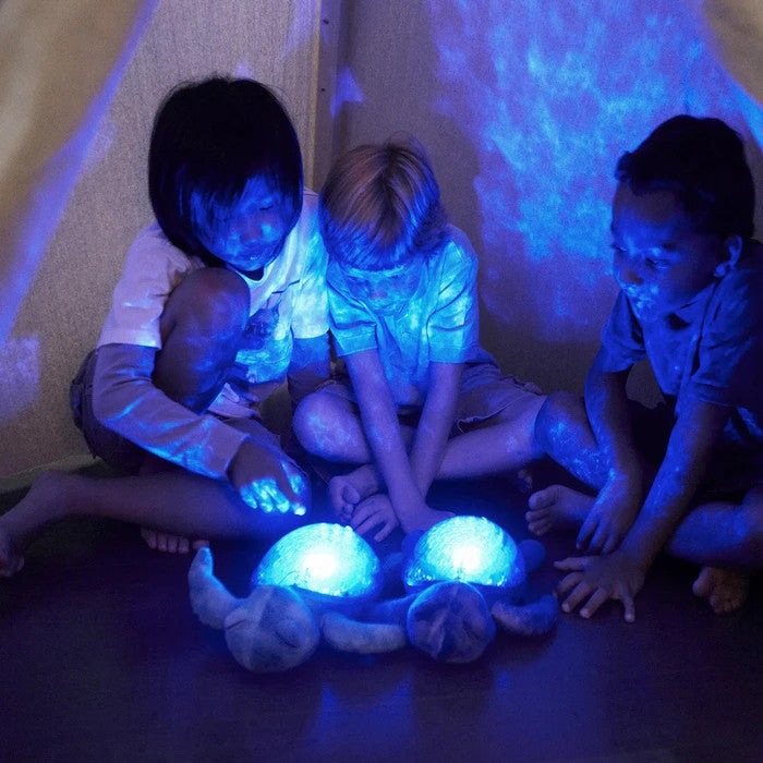 Cloud B Tranquil Turtle rechargeable green night light; three kids gather around two blue glowing turtles.