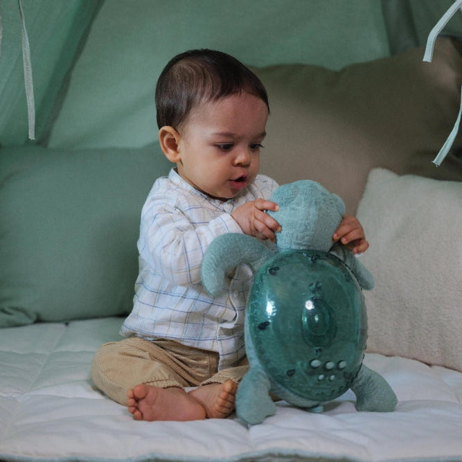 Cloud B Tranquil Turtle green rechargeable baby sleeping aid with plush turtle