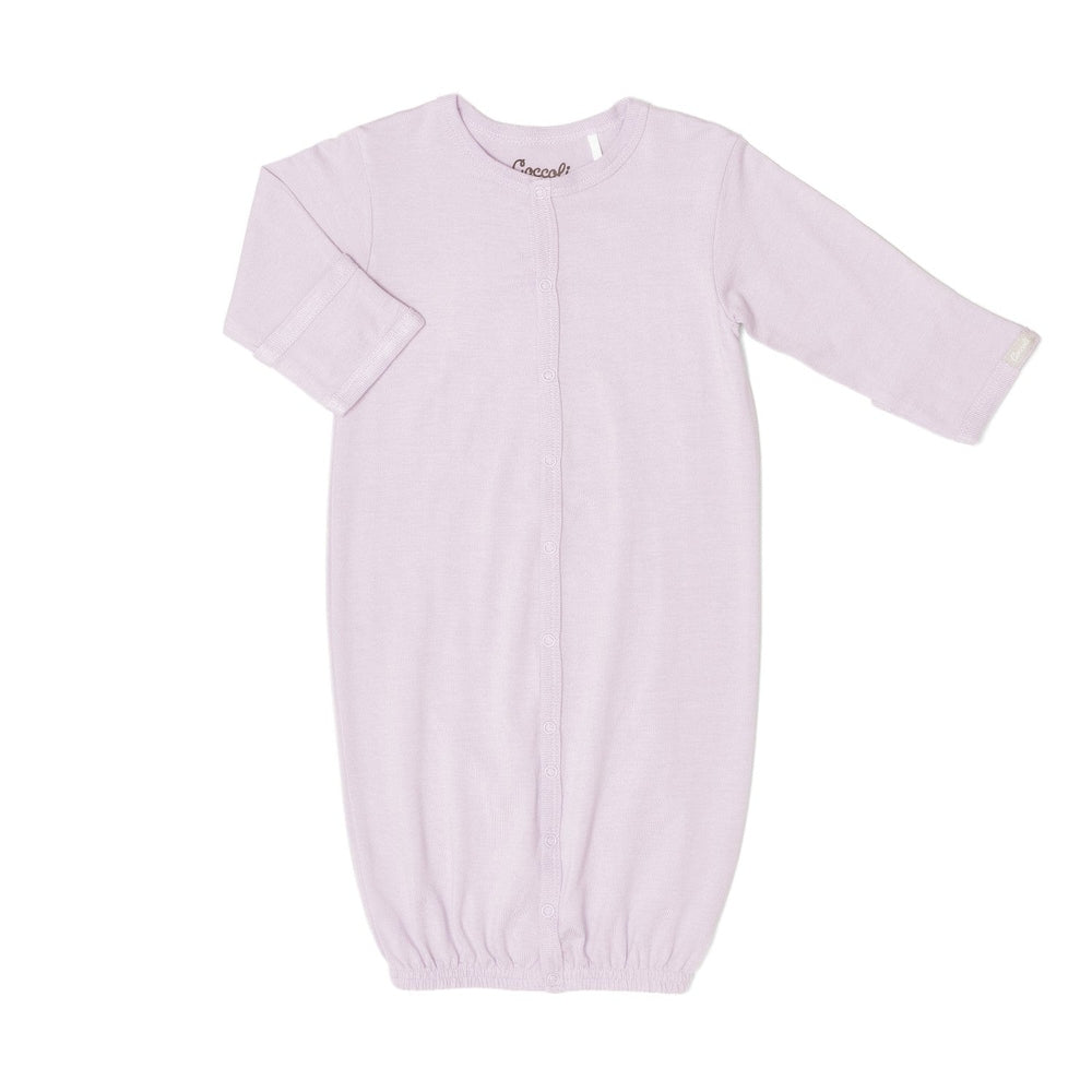Coccoli infant lavender fog baby gown in cotton TENCEL™ Modal with front snap buttons